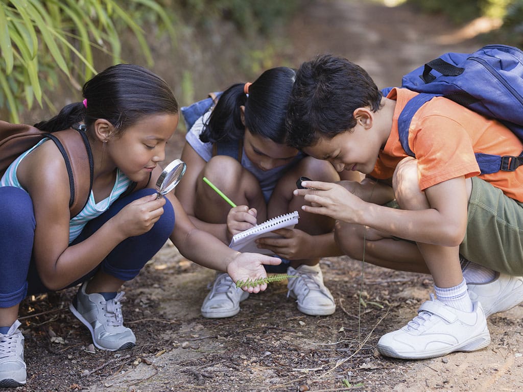 Niños agachados buscanso un tesoro